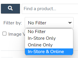 filter by drop down shown with no filter in-store only online only and in-store & online options