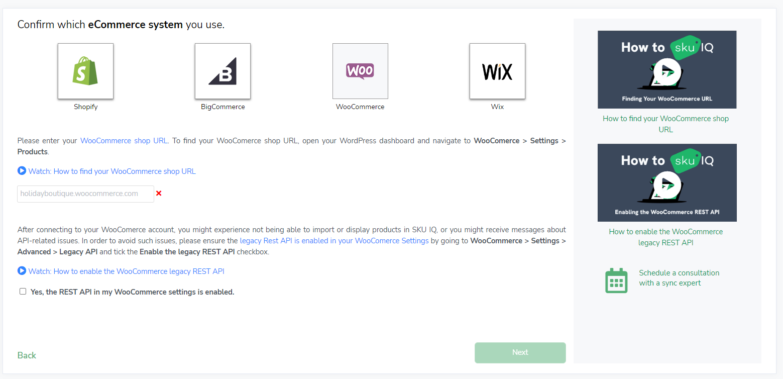 woocommerce selected - additional information required including website URL and enabling Legacy REST API