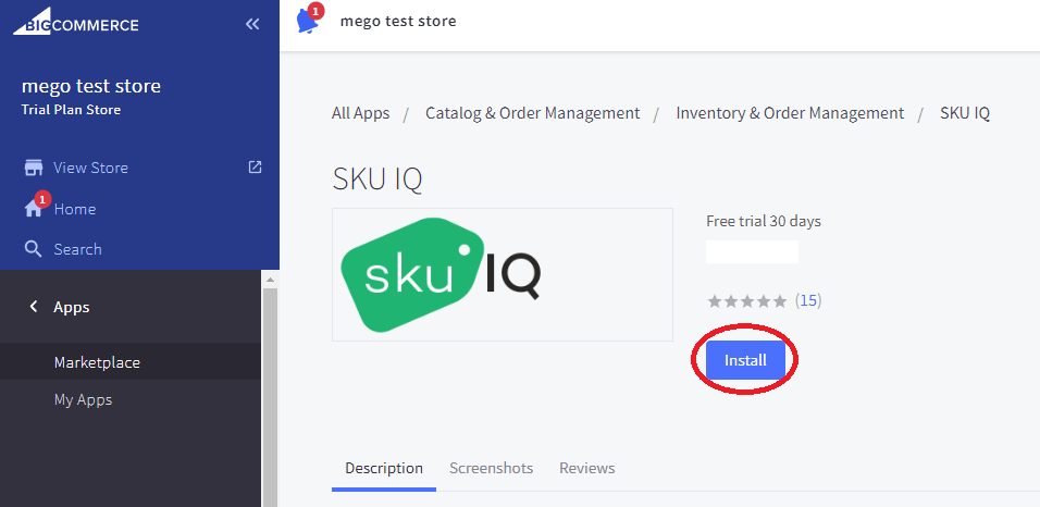 App Installation page on BigCommerce for SKU IQ with Install highlighted