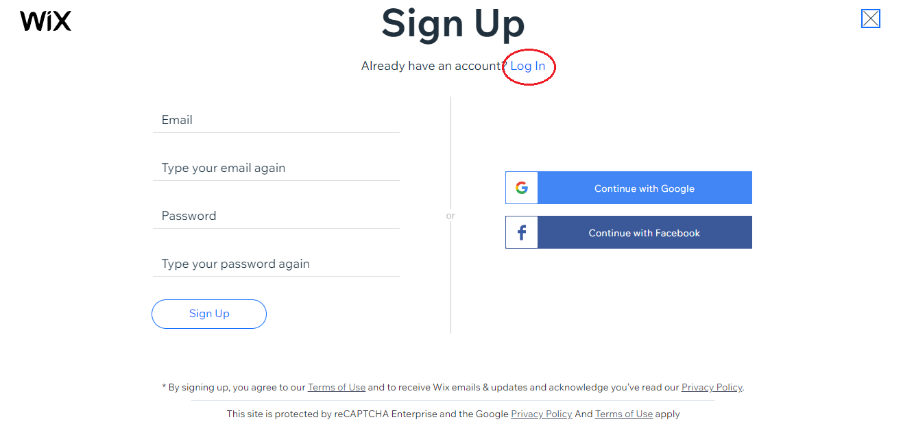 Wix Sign Up page with Log In highlighted