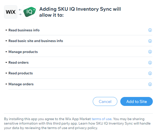 SKU IQ requests access to your Wix account
