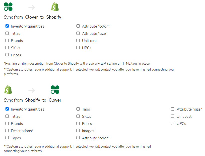 Options for Clover and Shopify on product data attributes to sync