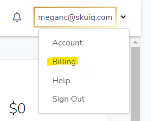 sku iq dashboard snip email address is shown with drop down menu with billing highlighted