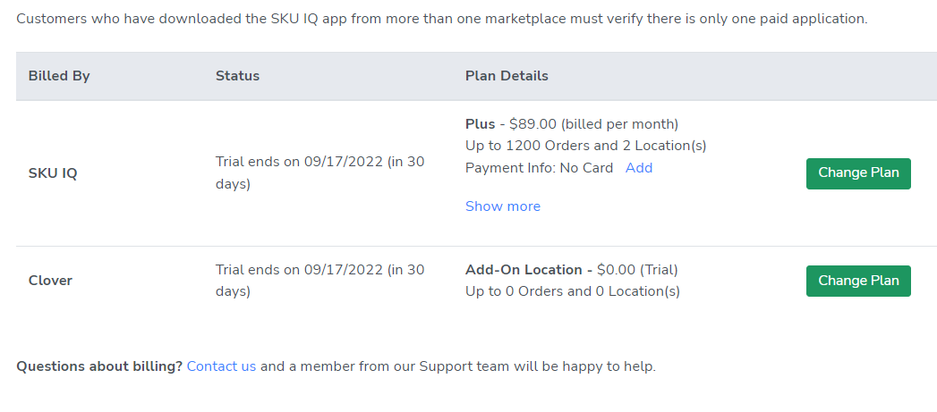 example sku iq billing page for an open trial shows sku iq direct billing and clover billing with change plan buttons