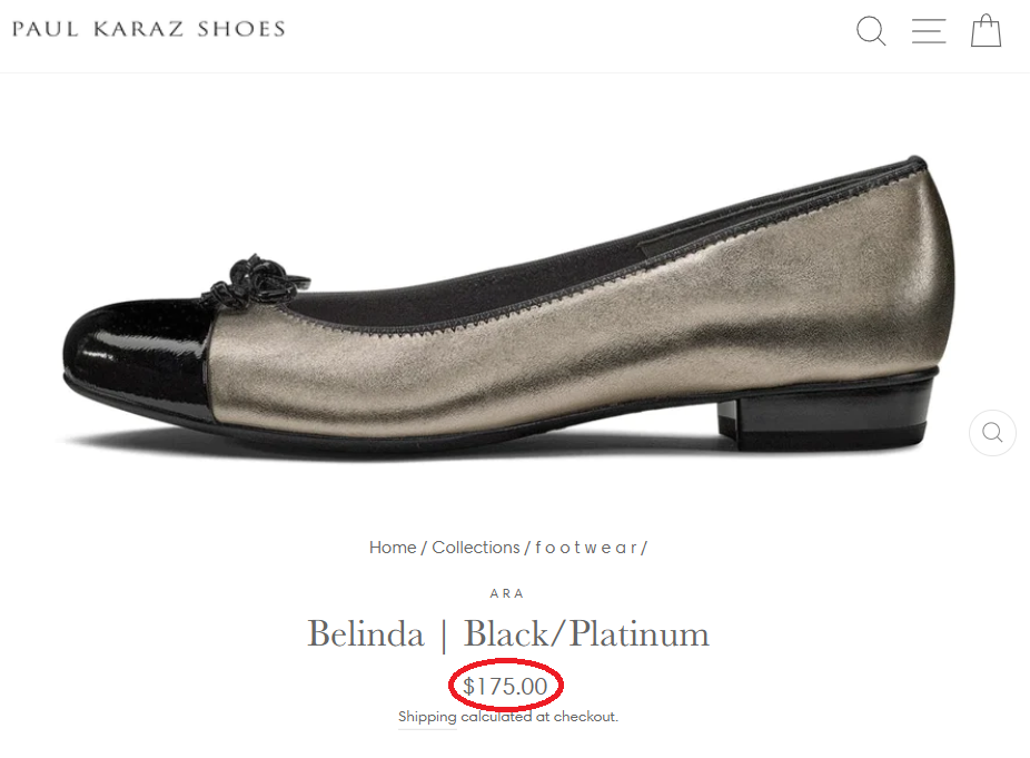 belinda black/platinum shoe from paul karaz shoes with price highlighted
