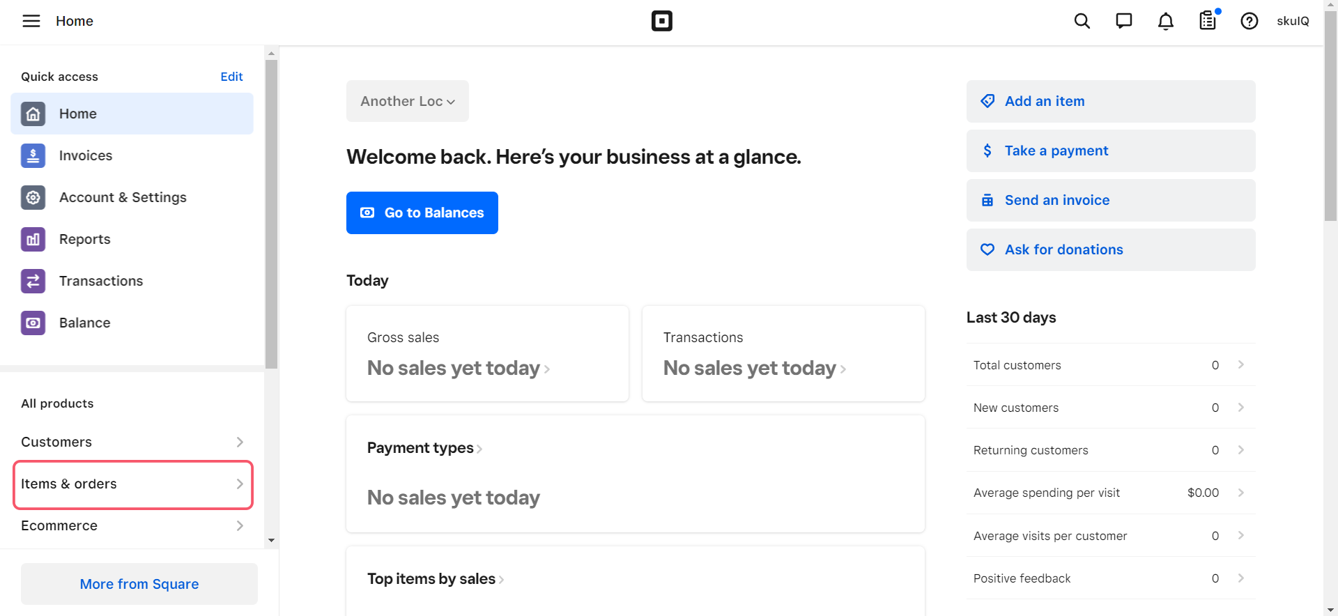 square dashboard with Items & orders highlighted