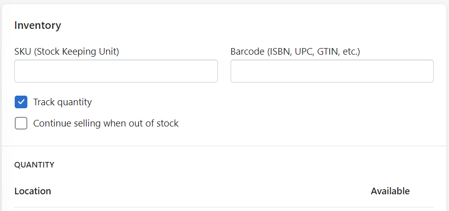 inventory tracking check box on shopify when adding new product